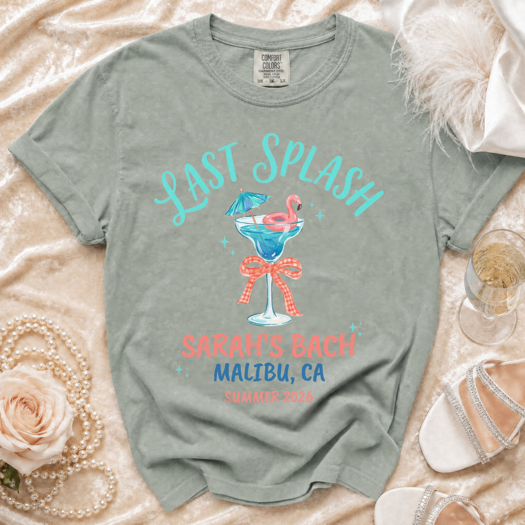 T-shirt with "Last Splash Malibu, CA Summer 2026" text and flamingo graphic.