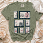 Green t-shirt with stamp graphics featuring Halloween bride themes.