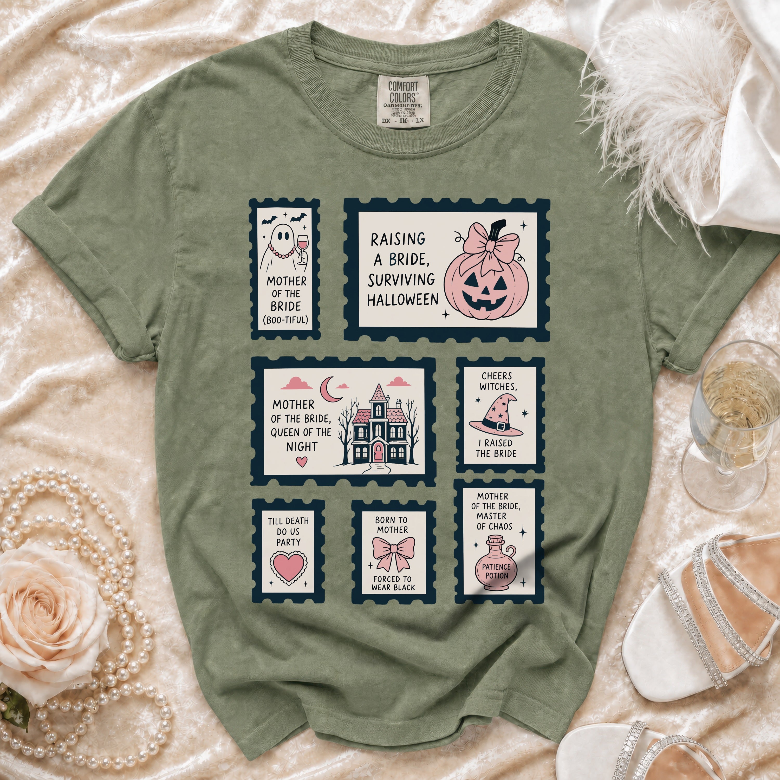 Green t-shirt with stamp graphics featuring Halloween bride themes.