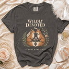 T-shirt with "WILDLY DEVOTED JUST MARRIED" text and two foxes in wedding attire.