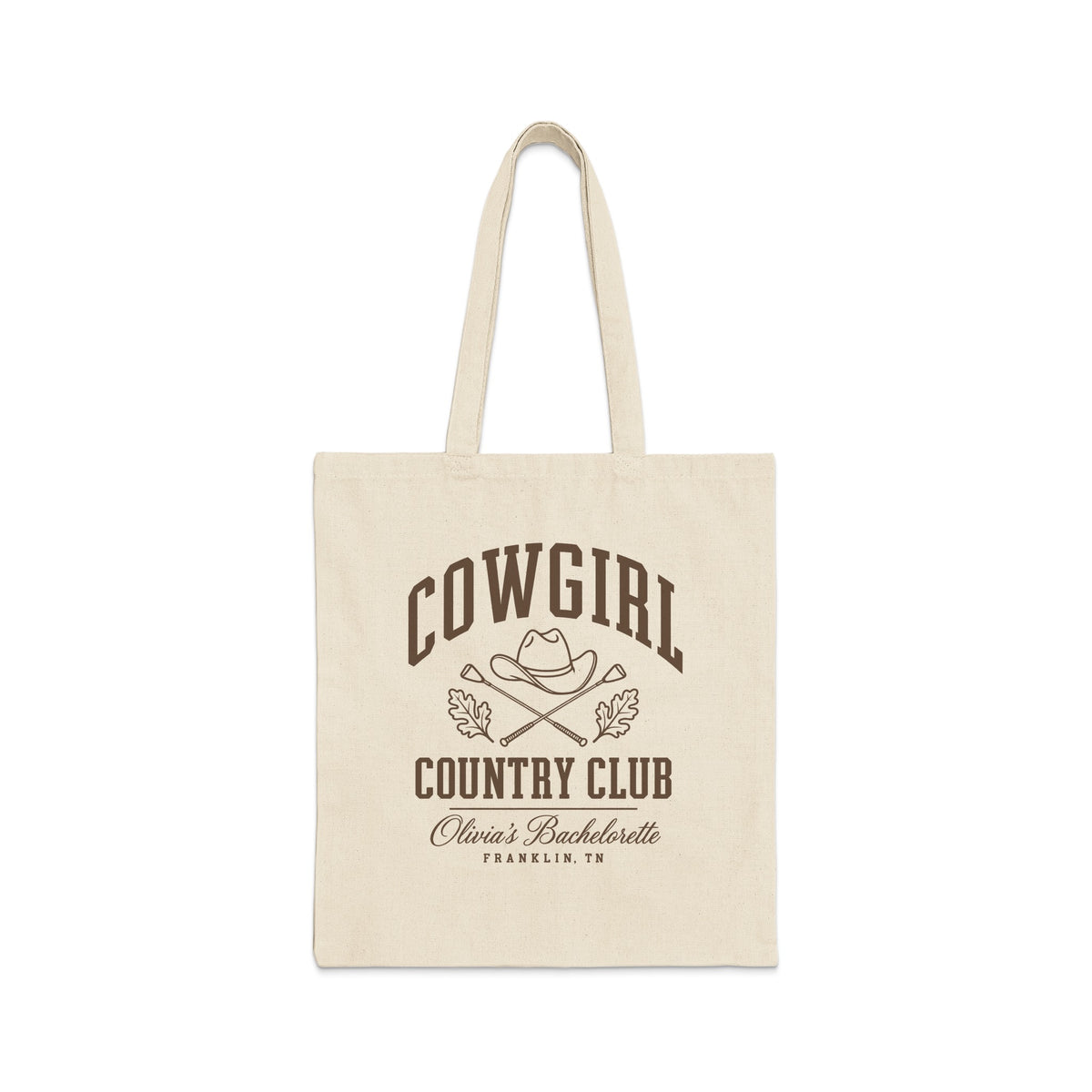 A light canvas tote bag featuring brown typography that reads Cowgirl Country Club, Olivia's Bachelorette, Franklin, TN.