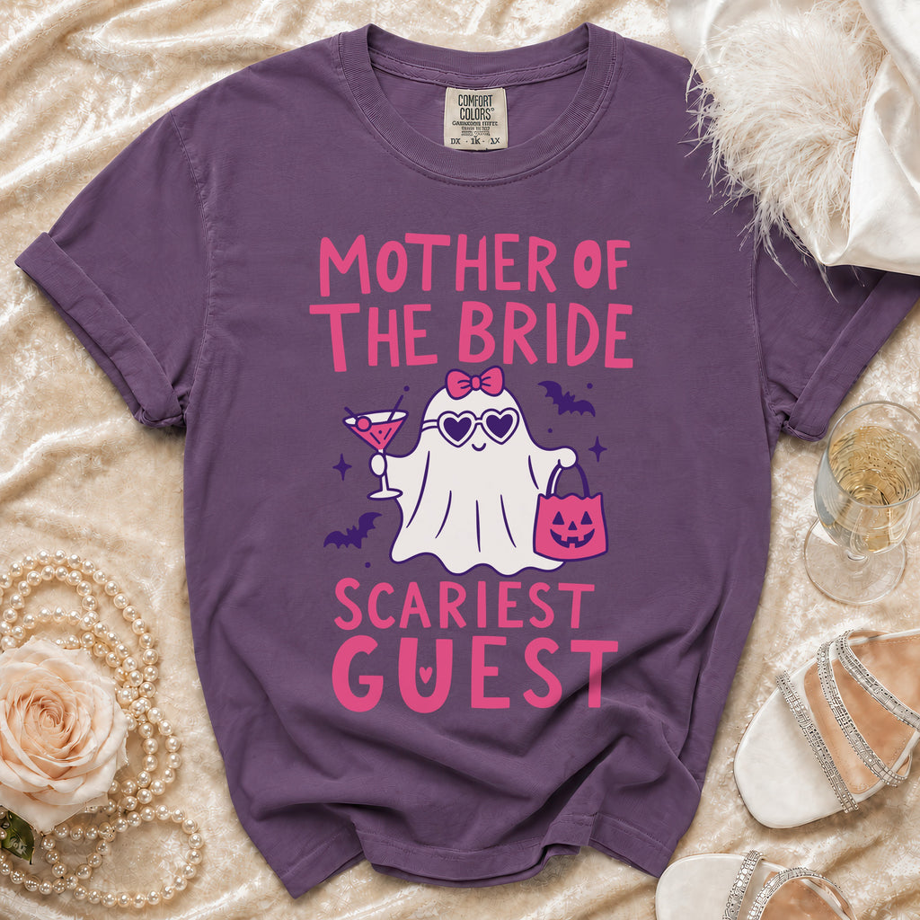 Purple t-shirt with "Mother of the Bride Scariest Guest" text and a ghost graphic.