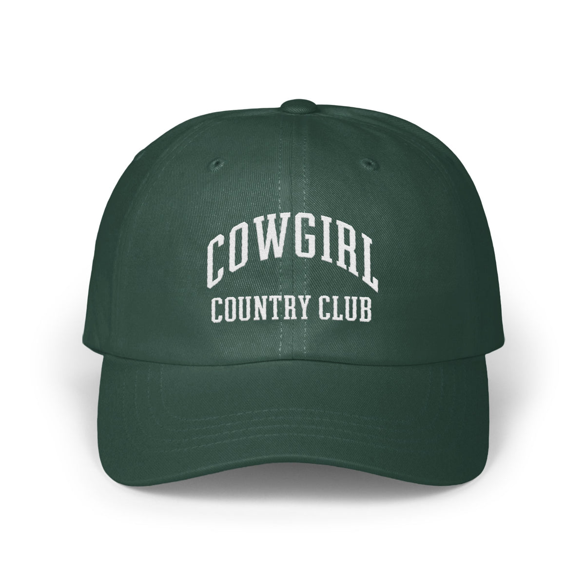 Dark green baseball cap featuring the white embroidered text Cowgirl Country Club on the front.