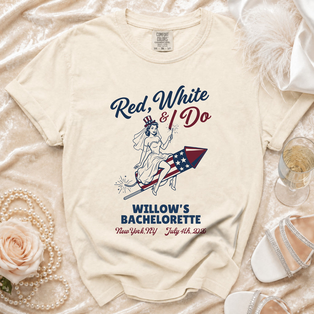 T-shirt with "Red, White & I Do" and bride on rocket graphic.