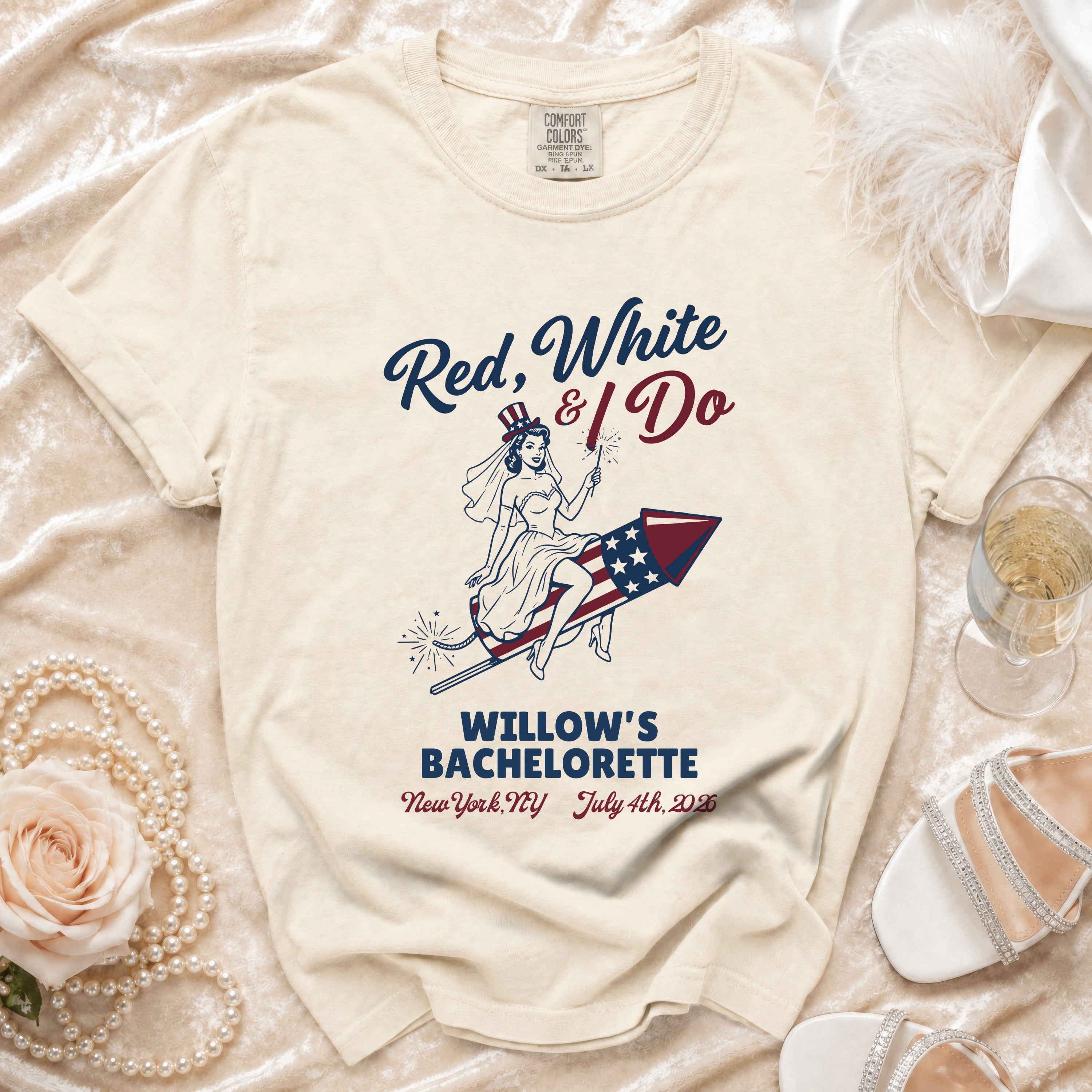 T-shirt with "Red, White & I Do" and bride on rocket graphic.