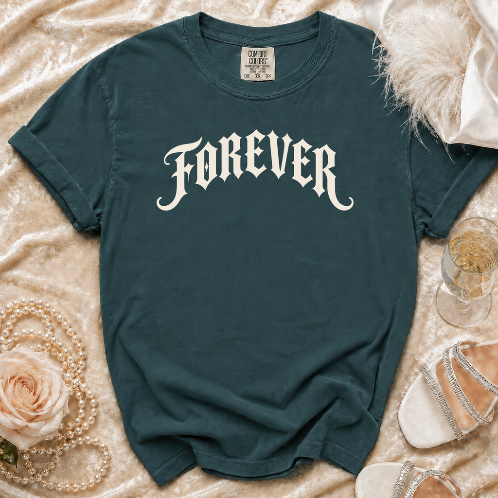 Teal Comfort Colors t-shirt with "FOREVER" in gothic font, accented with pearls and shoes.