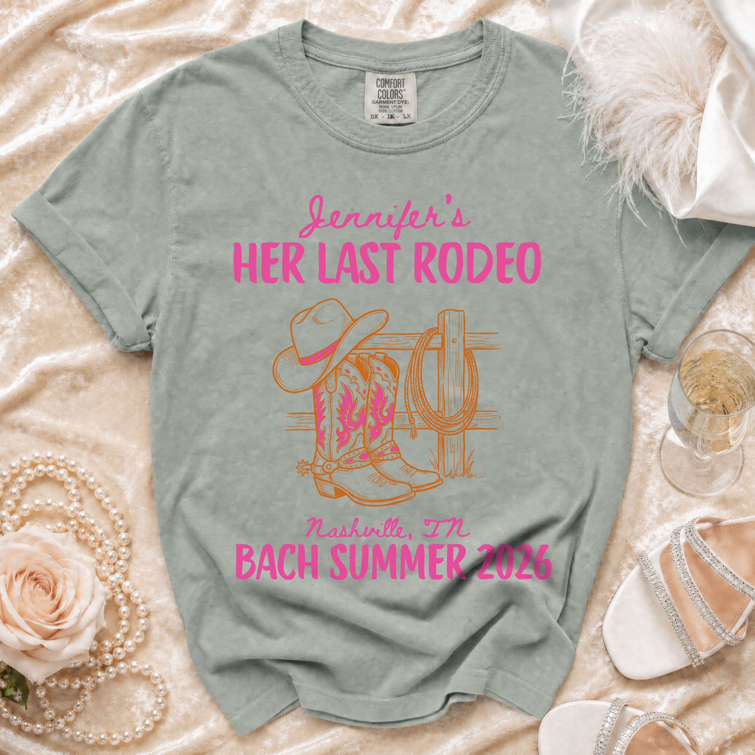 T-shirt with "Jennifer's HER LAST RODEO Nashville, TN BACH SUMMER 2026" text.