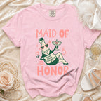 Pink t-shirt with graphics reading "MAID OF HONOR" and "Chief Chaos Coordinator".