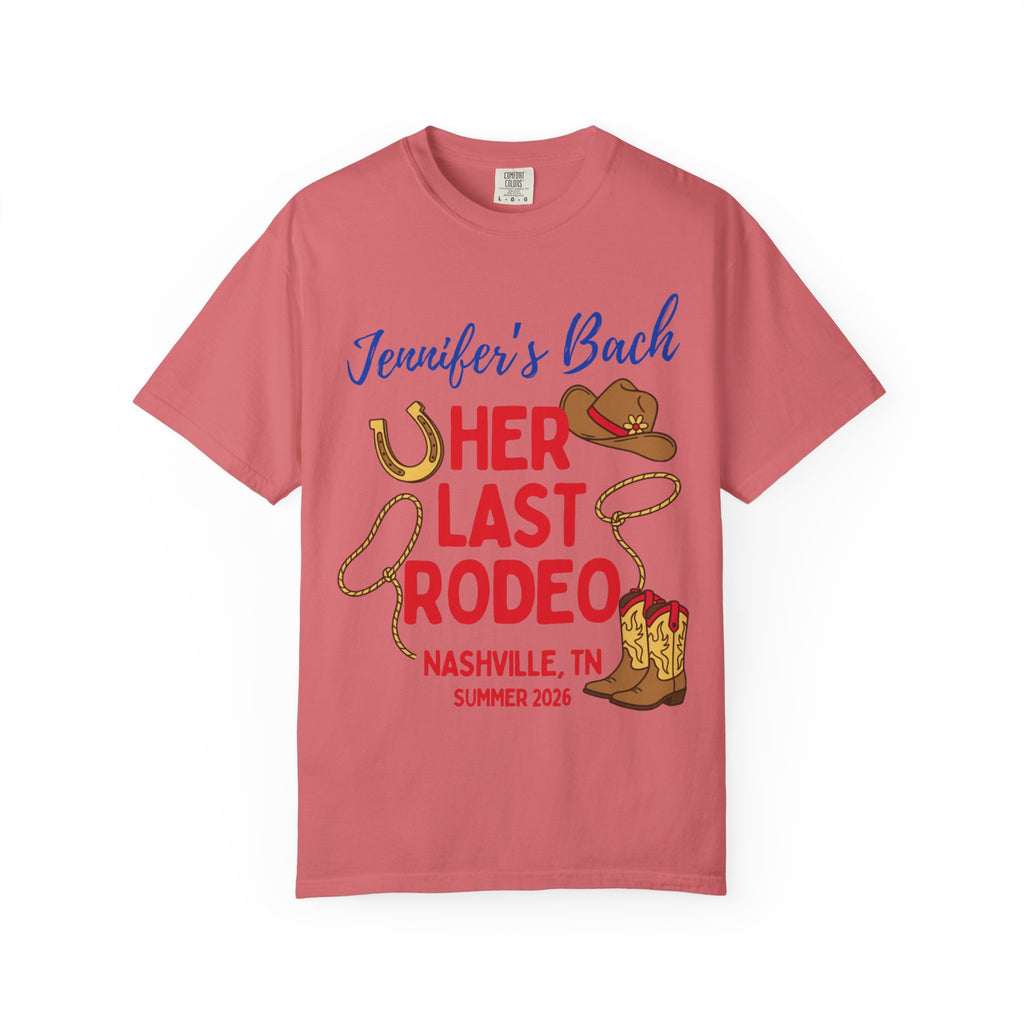T-shirt with "Jennifer's Bach HER LAST RODEO NASHVILLE, TN SUMMER 2026" and graphics.