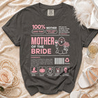 Gray t-shirt with "Mother of the Bride" text and humorous ingredients list.