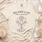 Red, White & I Do bachelorette t-shirt with fireworks and champagne.