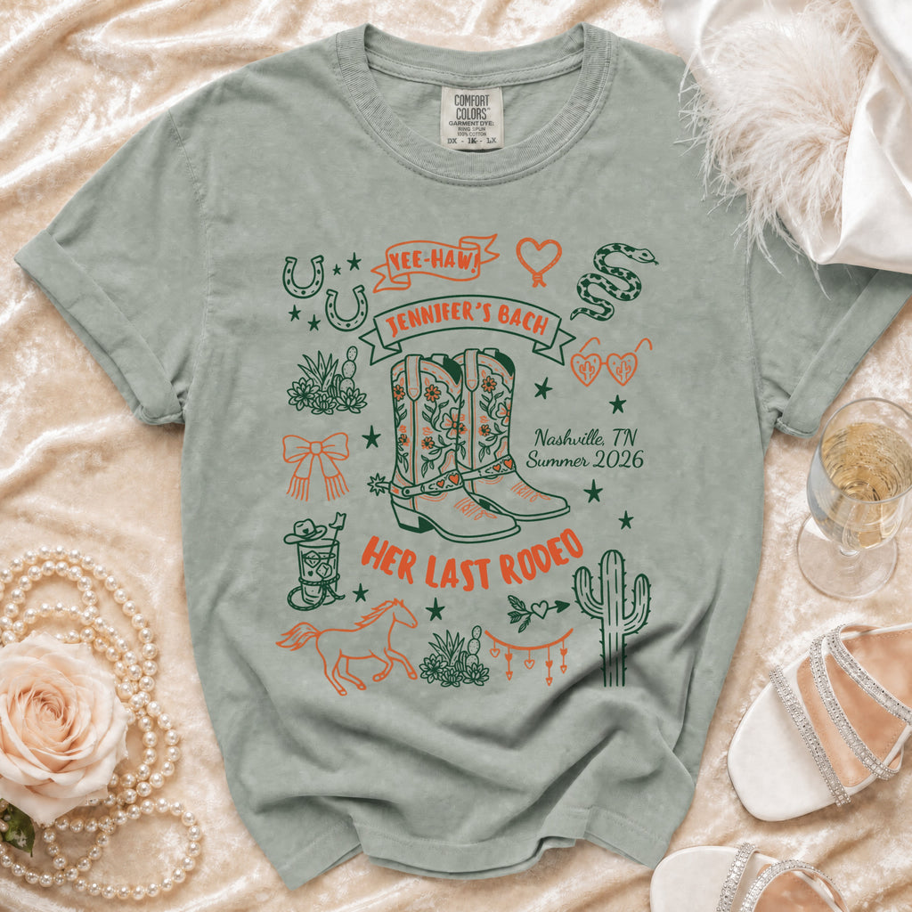 T-shirt with "Jennifer's Bach Her Last Rodeo Nashville, TN Summer 2026" graphics.