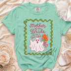 Mint green t-shirt with "Mother of the Bride (to be) Boo-tiful" text and a ghost.