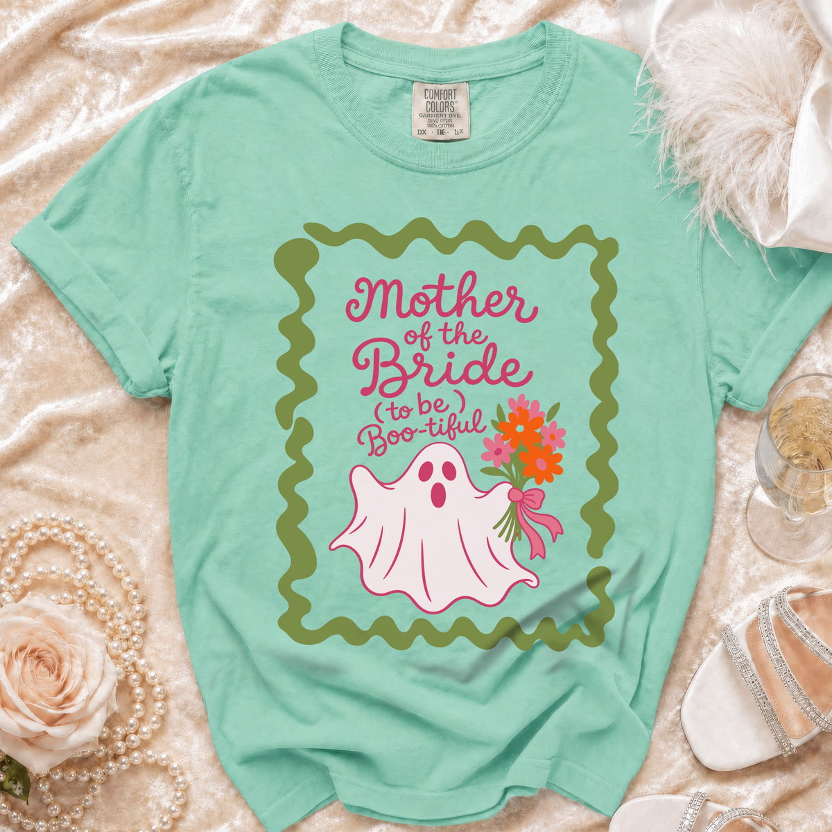 Mint green t-shirt with "Mother of the Bride (to be) Boo-tiful" text and a ghost.