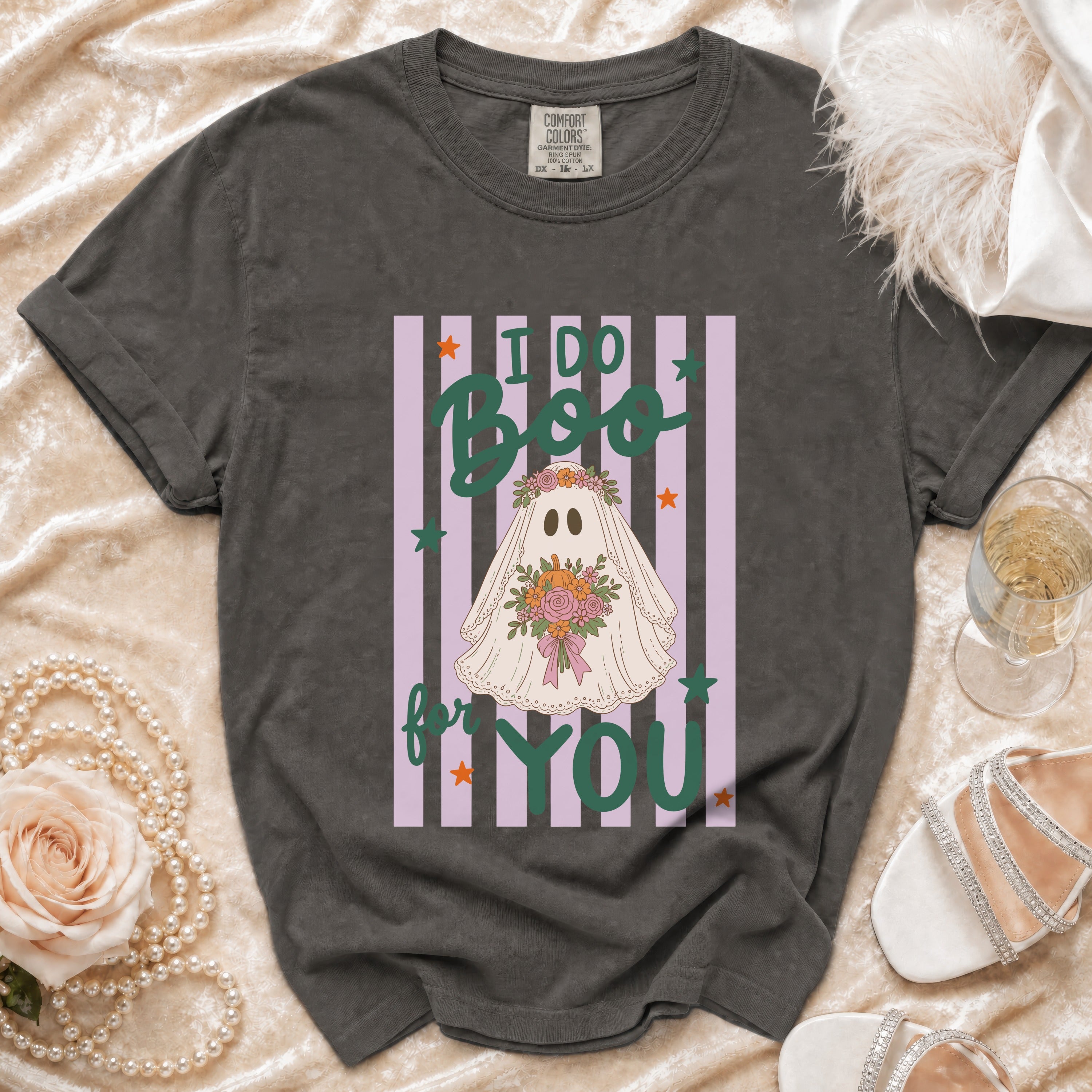 Dark gray t-shirt with "I do Boo for YOU" graphic featuring a ghost bride.