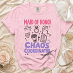 Pink t-shirt with "Maid of Honor Chaos Coordinator" text and celebratory graphics.
