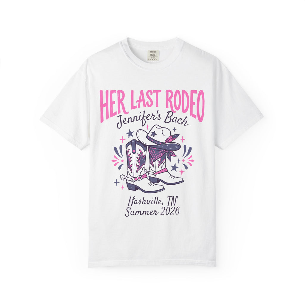 White t-shirt with "Her Last Rodeo" and cowboy boots graphic.