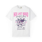White t-shirt with "Her Last Rodeo" and cowboy boots graphic.