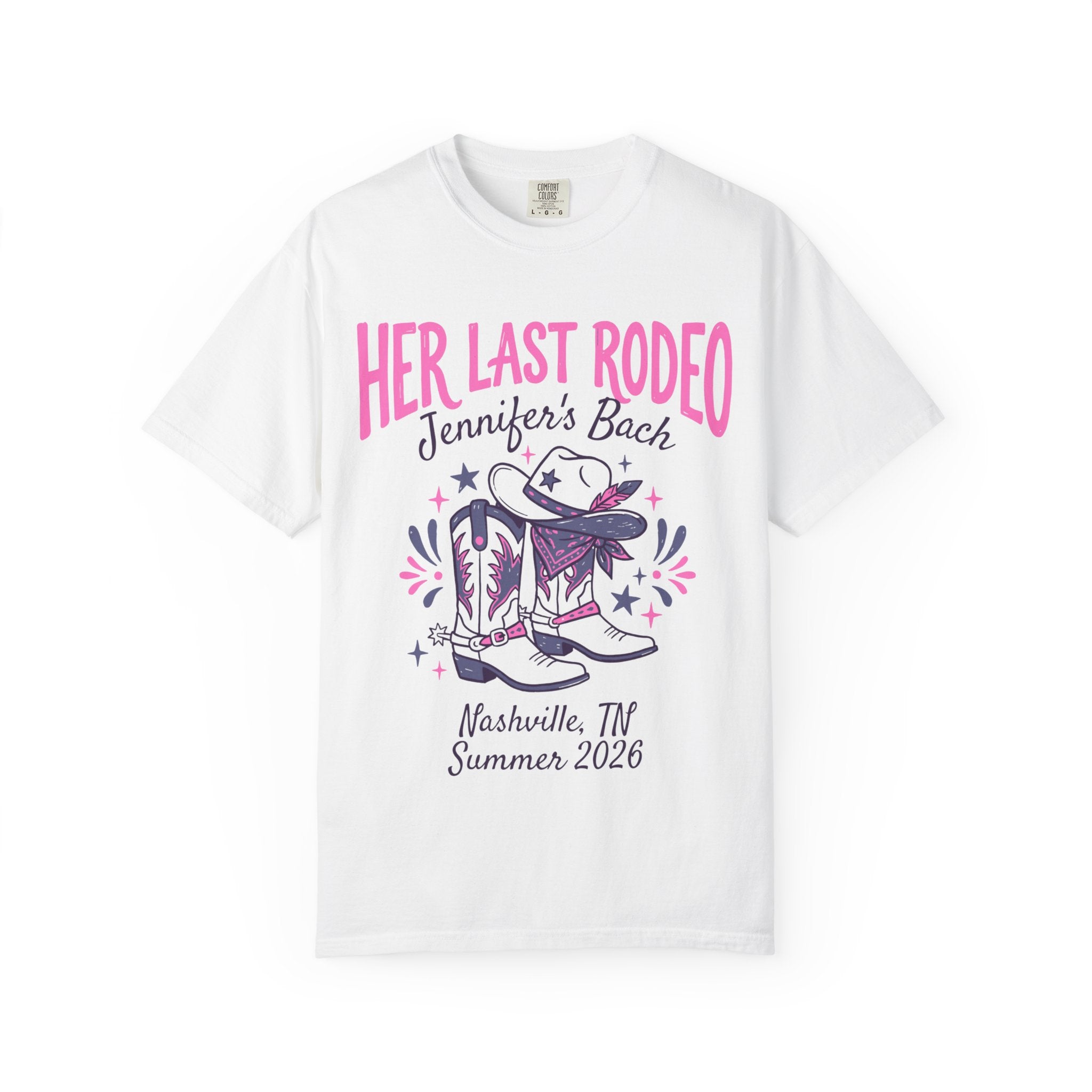 White t-shirt with "Her Last Rodeo" and cowboy boots graphic.