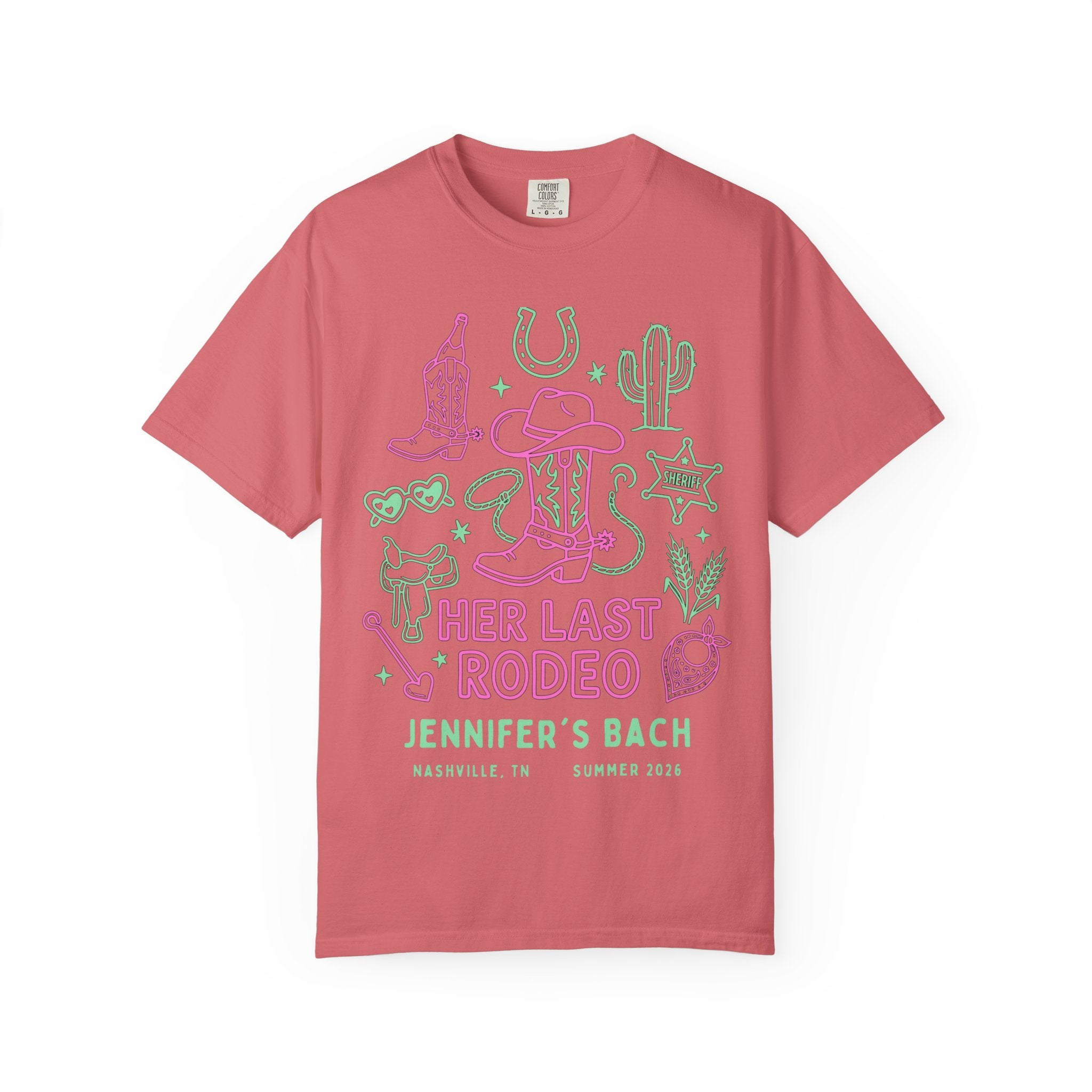 Pink t-shirt with "Her Last Rodeo" and rodeo graphics for a bachelorette party.