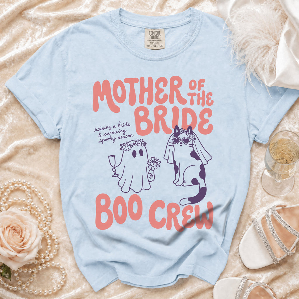 Light blue t-shirt with "Mother of the Bride Boo Crew" graphic and ghost bride and cat bride.