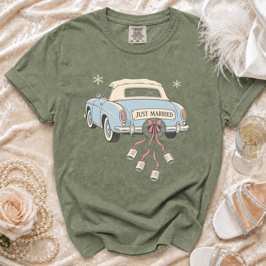 Green t-shirt with a blue convertible car graphic that says "Just Married".