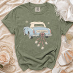 Green t-shirt with a blue convertible car graphic that says "Just Married".