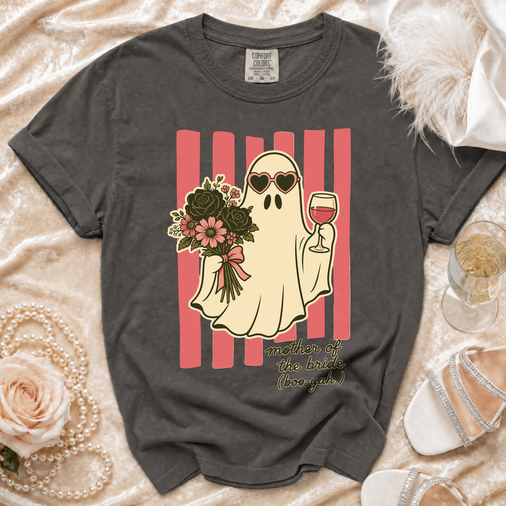 Ghost wearing heart sunglasses holding wine and flowers, with "mother of the bride (boo-yah.)" text.