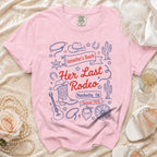 Jennifer's Bach, Her Last Rodeo graphic t-shirt with western motifs.