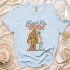 Light blue t-shirt with "Found My WEIRDO" and Bigfoot alien wedding graphic.