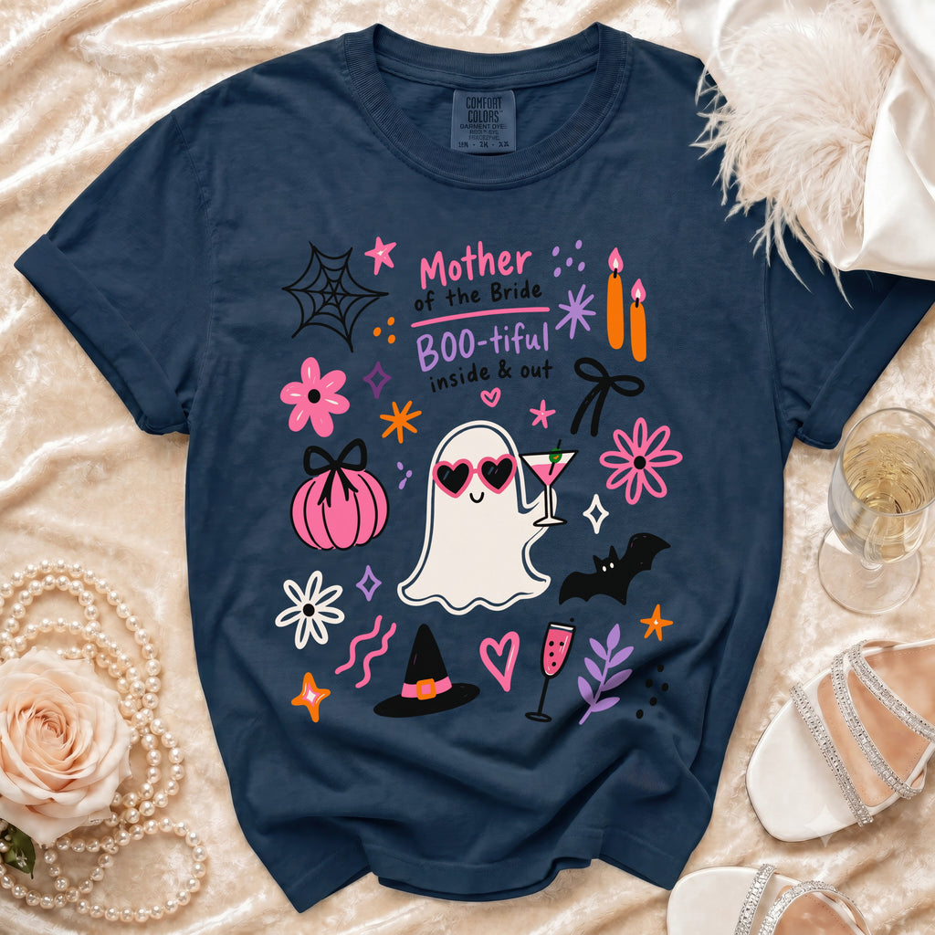 Navy t-shirt with "Mother of the Bride Boo-tiful inside & out" text and Halloween graphics.