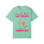 T-shirt with "Sarah's Bach Last Splash" and champagne bottle, Malibu, CA.