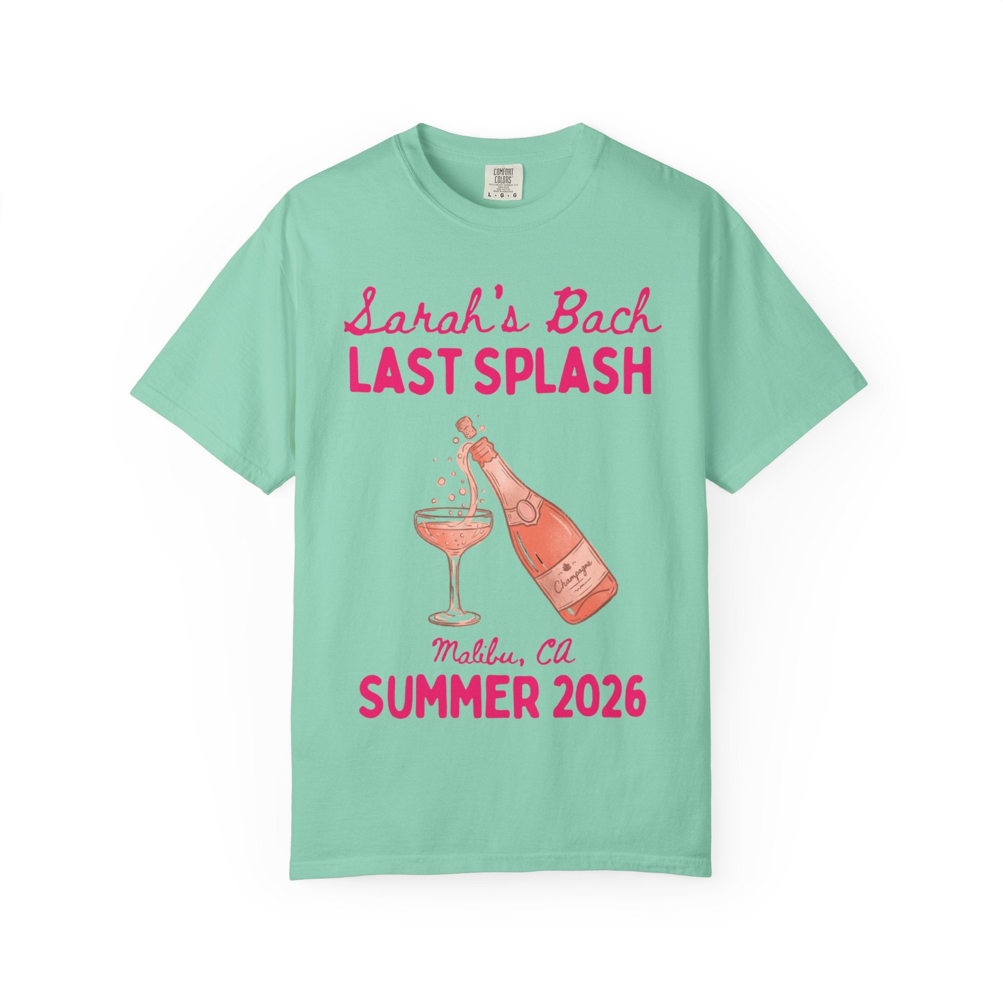 T-shirt with "Sarah's Bach Last Splash" and champagne bottle, Malibu, CA.