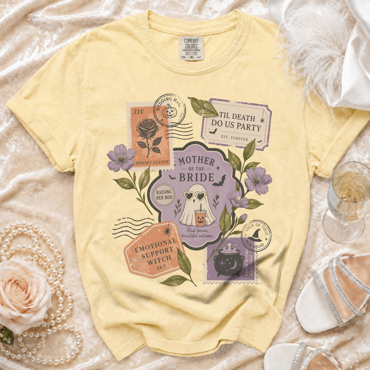 Yellow t-shirt with "Mother of the Bride" Halloween-themed graphic.