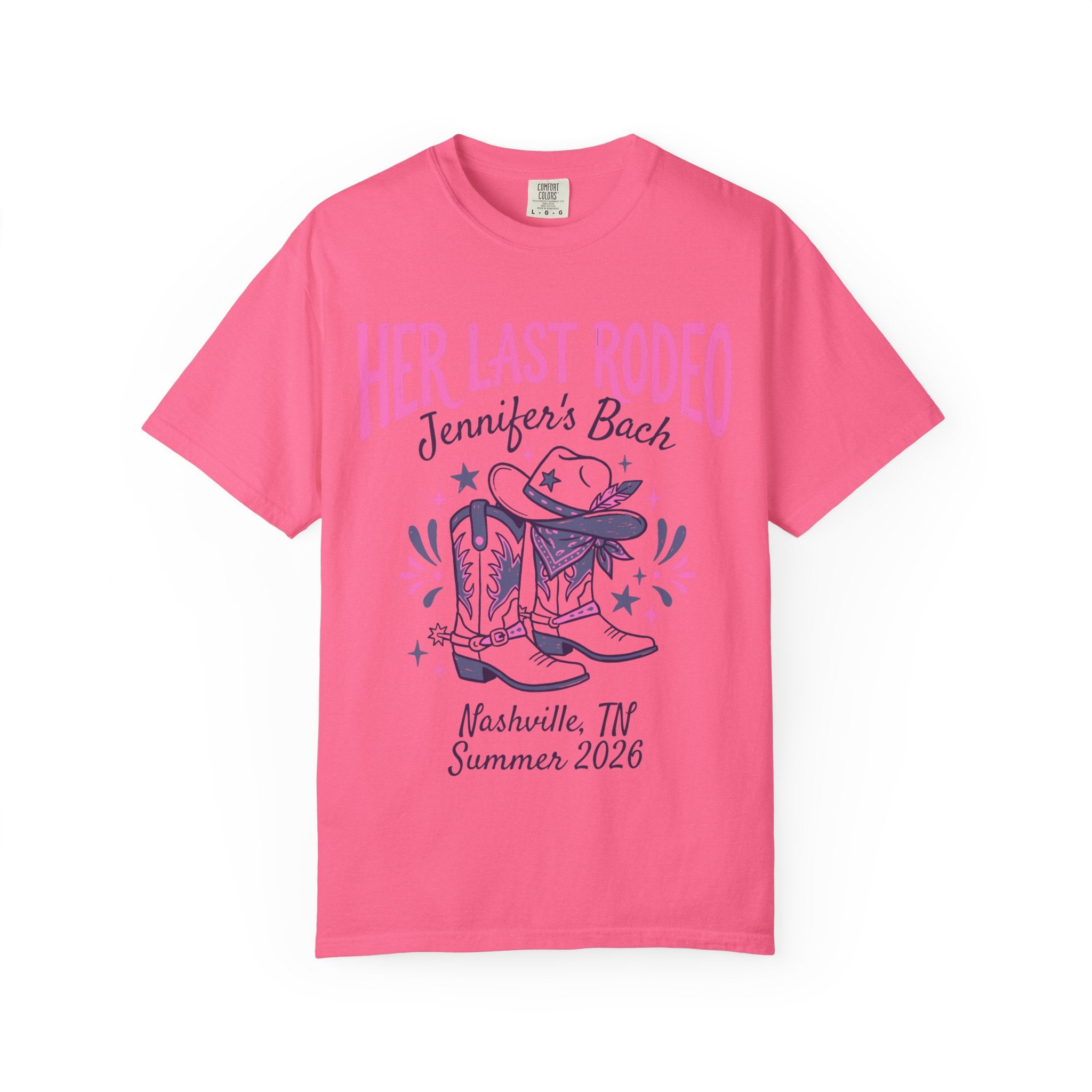 Pink t-shirt with "Her Last Rodeo" and cowboy boots for Jennifer's Bach in Nashville.