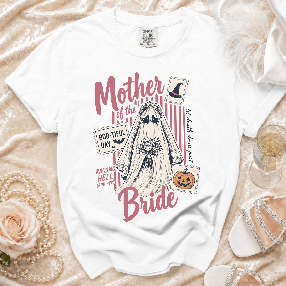 White t-shirt with "Mother of the Bride" graphic featuring a ghost bride and Halloween elements.