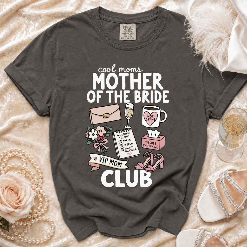 Cool moms Mother of the Bride Club t-shirt with wedding icons and text.
