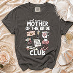 Cool moms Mother of the Bride Club t-shirt with wedding icons and text.