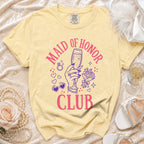 Yellow t-shirt with "Maid of Honor Club" text and graphic elements.