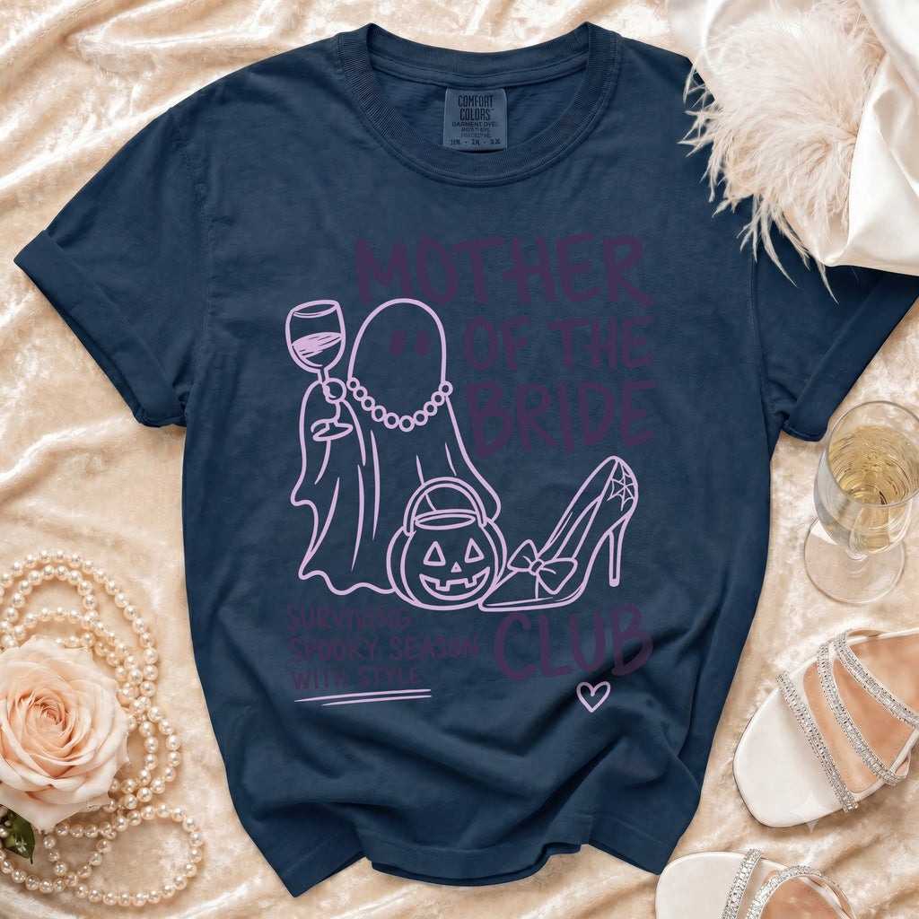 Navy t-shirt with "Mother of the Bride" ghost graphic and spooky season text.