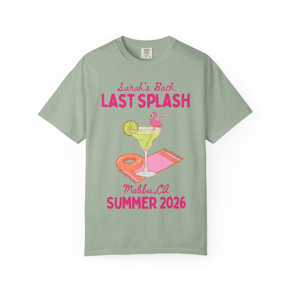 T-shirt with "Sarah's Bach LAST SPLASH Malibu, CA SUMMER 2026" and cocktail graphic.