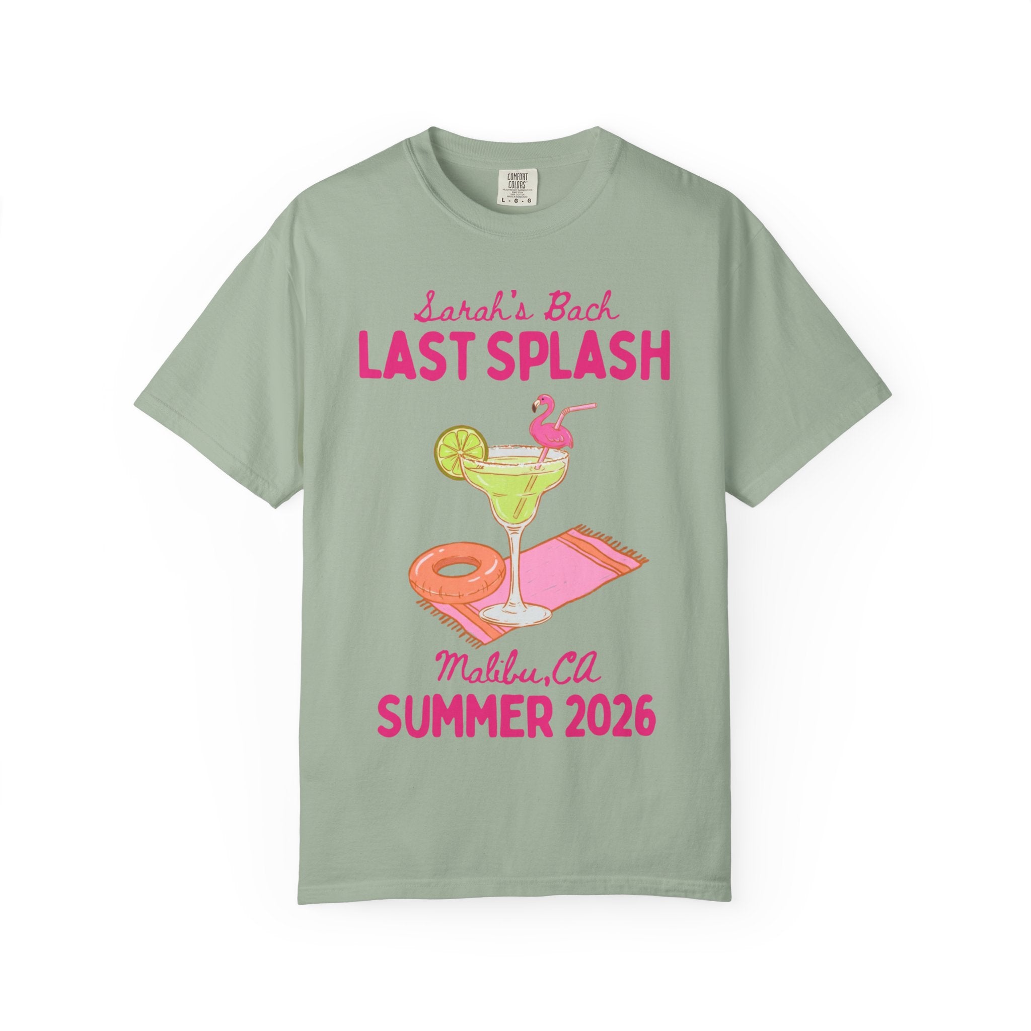 T-shirt with "Sarah's Bach LAST SPLASH Malibu, CA SUMMER 2026" and cocktail graphic.