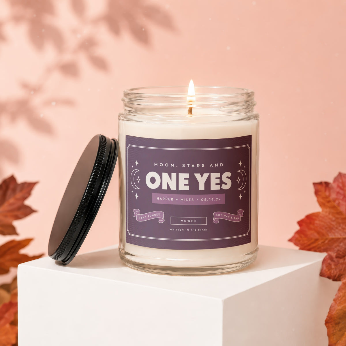 Soy wax candle "One Yes" with "Moon, Stars and" and date 06.14.27.