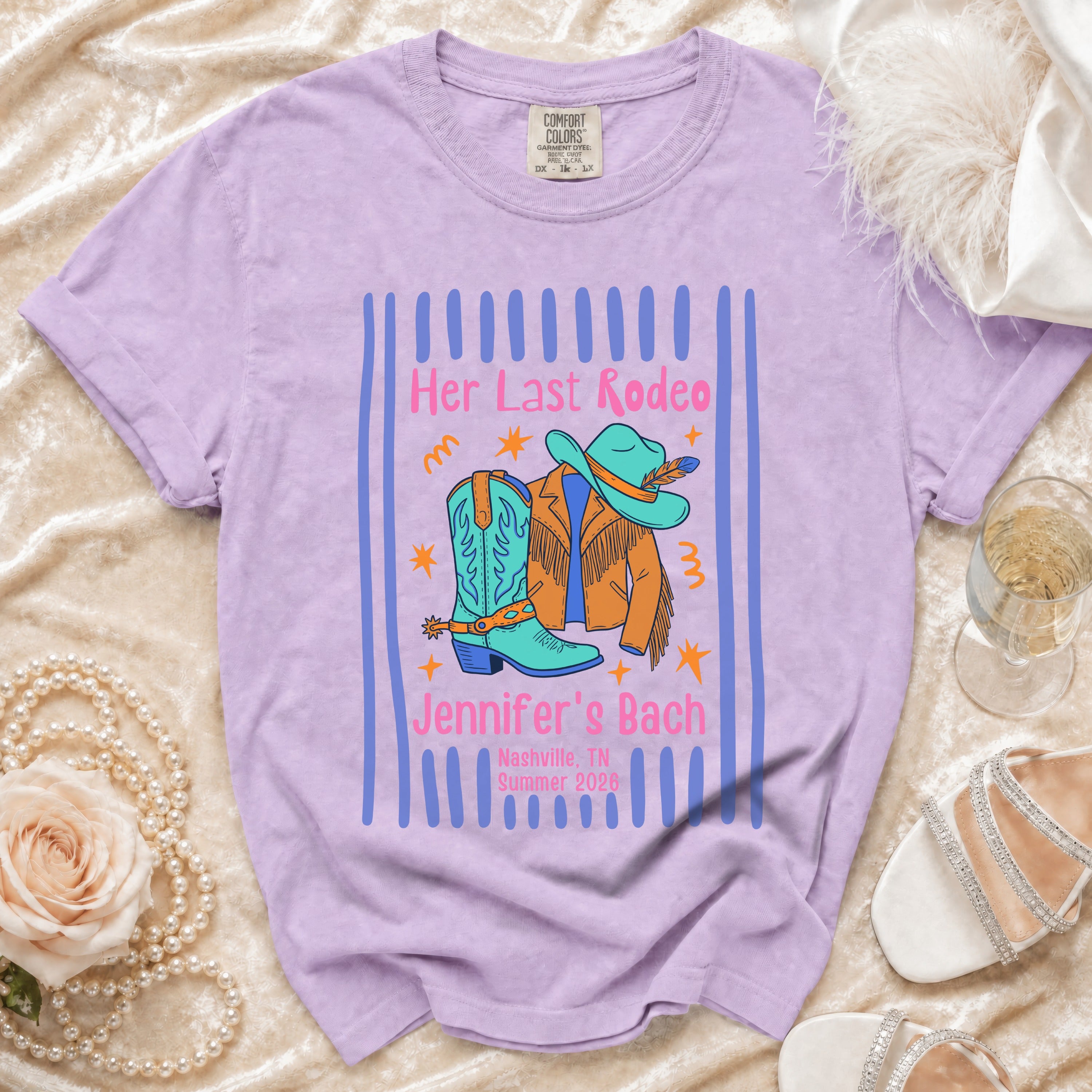 Purple t-shirt for "Her Last Rodeo" bachelorette party in Nashville.