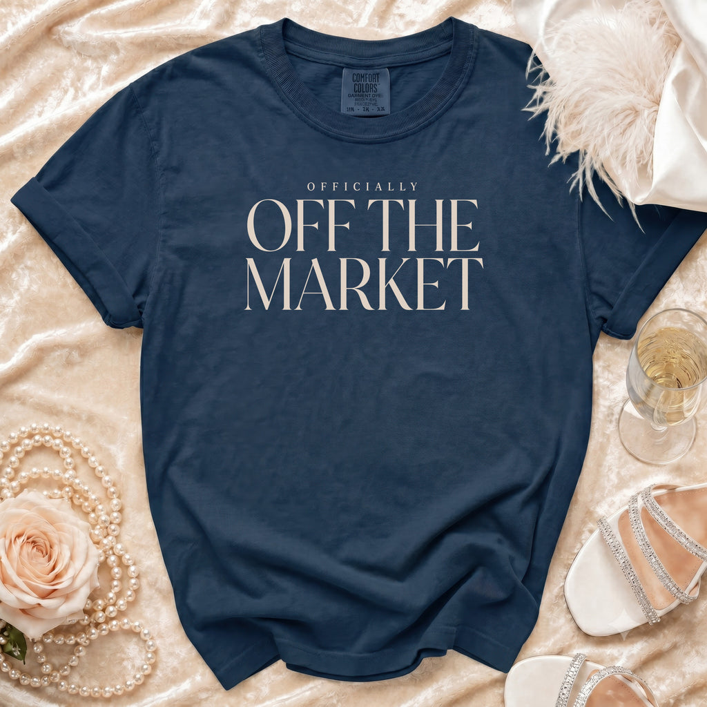 Navy blue t-shirt with "OFFICIALLY OFF THE MARKET" text.