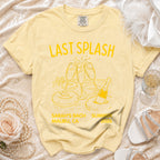 Yellow t-shirt with "Last Splash Sarah's Bach Summer Malibu, CA 2026" and champagne graphic.