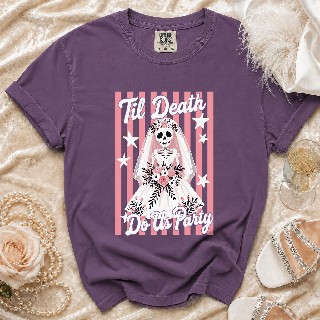 Skeleton bride graphic t-shirt with text "Til Death Do Us Party" on pink stripes.