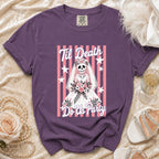 Skeleton bride graphic t-shirt with text "Til Death Do Us Party" on pink stripes.