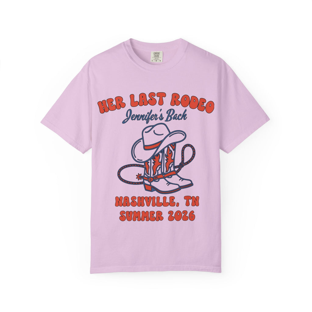 Pink t-shirt with "Her Last Rodeo" and Nashville text.