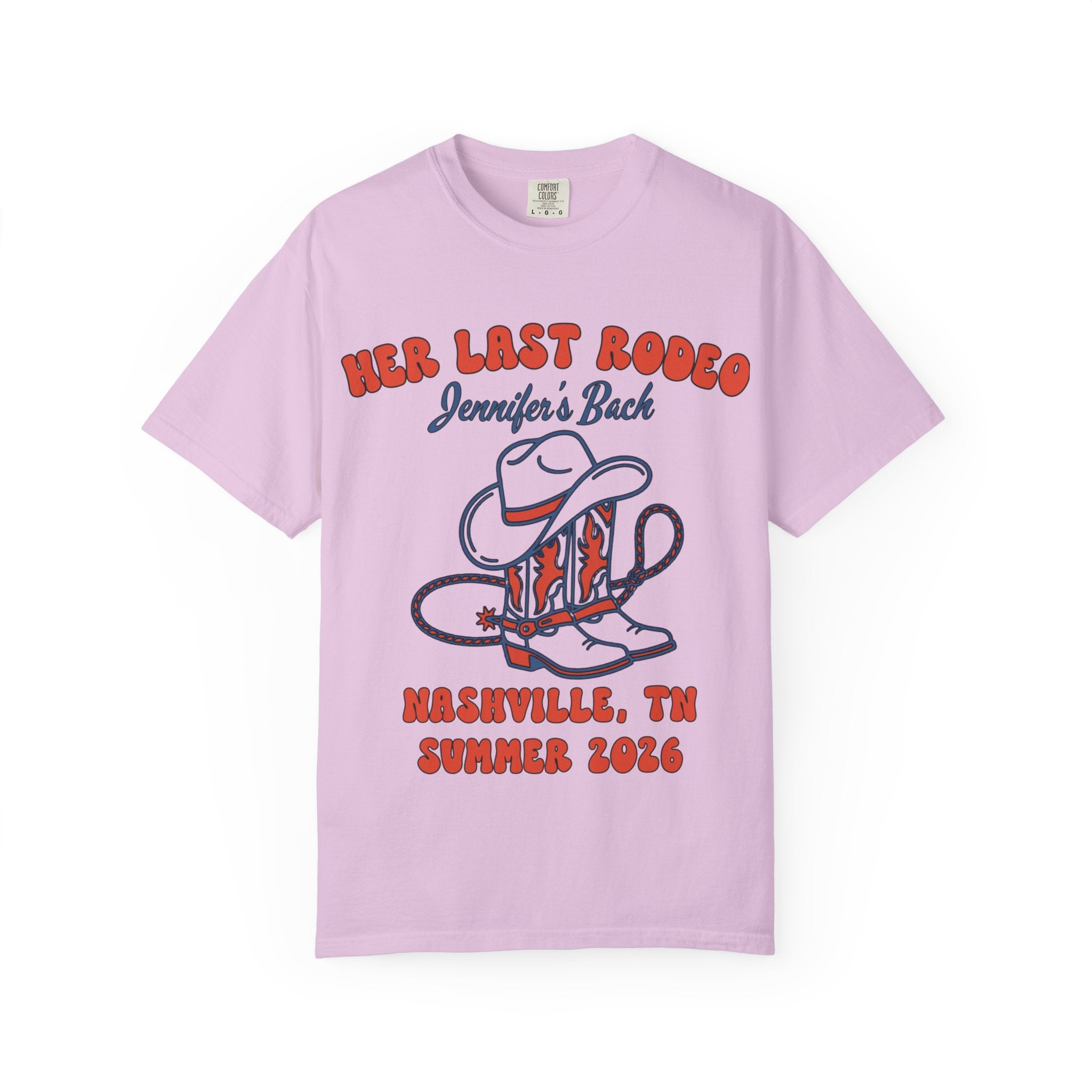 Pink t-shirt with "Her Last Rodeo" and Nashville text.